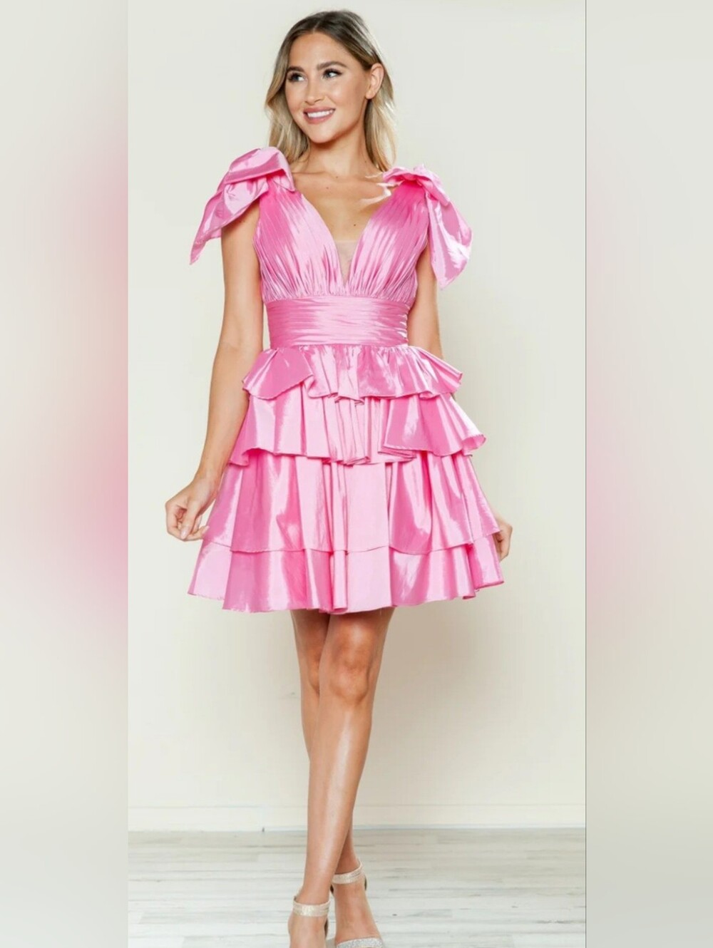 Ed YOUNG (Poly USA) 9742 Size XL, Pink Tiered Party Dress with Bow Shoulders
